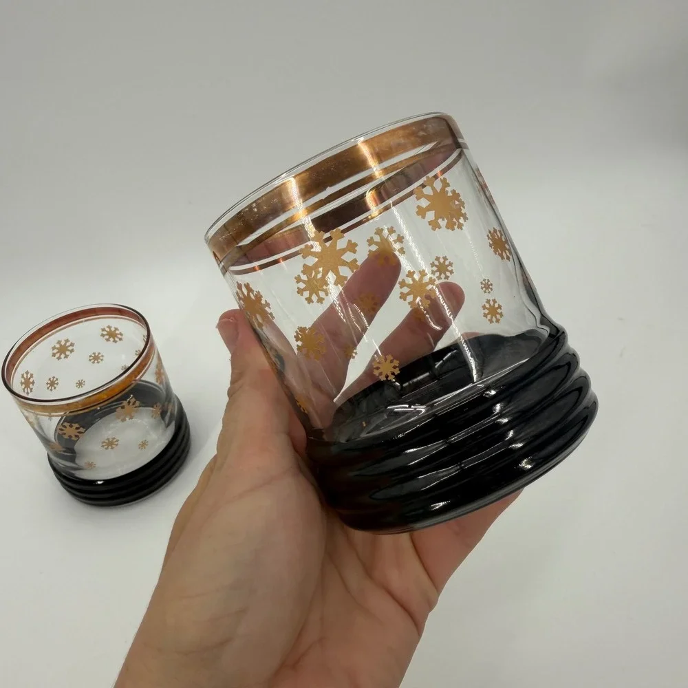 Vintage MCM Gold Snowflake Whiskey Glasses Sakura Sango Black Ribbed Base Set